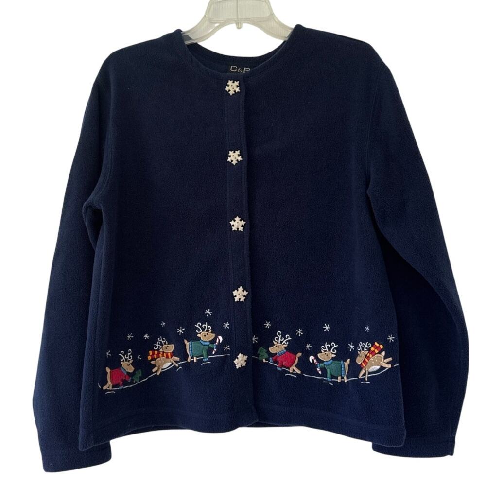VTG C&B Sport by Croft & Borrow Med. Reindeer Snowflake Navy Blue Fleece Jacket